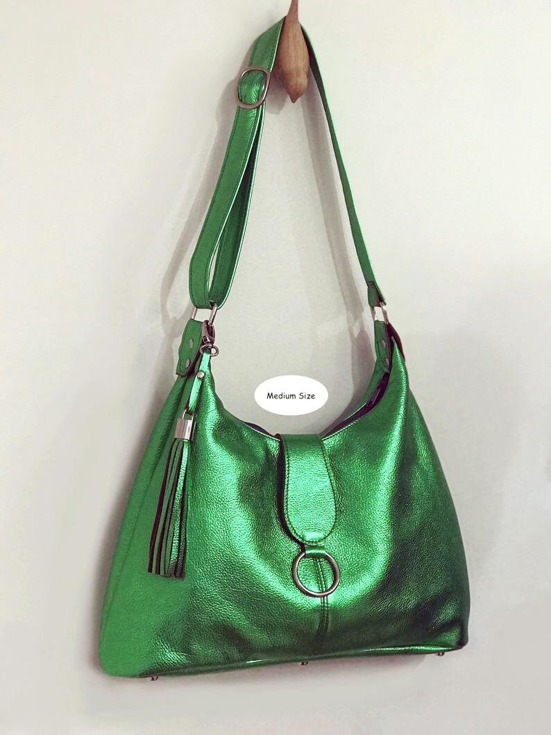 Hobo handbag, Lambskin & gold-tone metal, green — Fashion