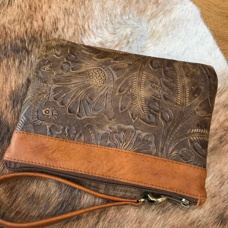 Carved Leather Wristlet, Australian western floral embossed, Handmade Leather Gift idea, anniversary gift, mothers day, Australian gift image 5