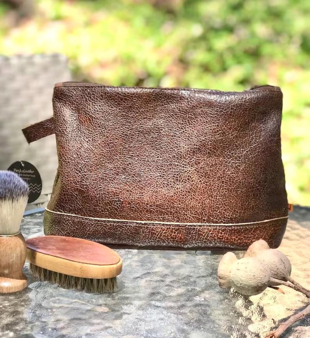 Trousse De Toilette Vintage En Cuir Noir – Dopp Kit – Marque Hawk – Bon état