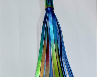 Metallic Liquid Prism Leather tassel, Rainbow, hardware options, keyring tassel, clasp for bag or keys