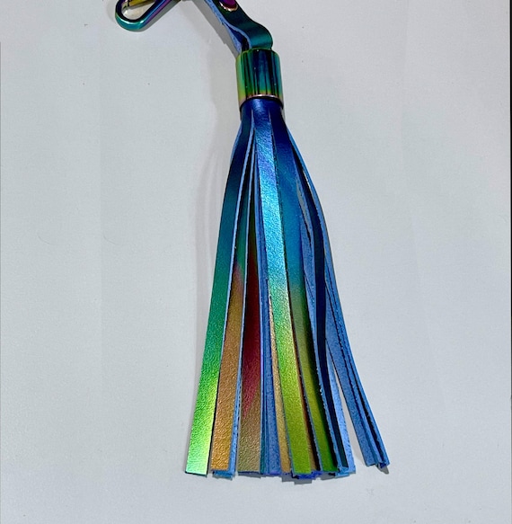 Aurora Metallic Leather tassel, Rainbow, hardware options, keyring tassel, clasp for bag or keys