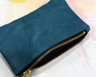Vintage Teal Leather Coin Purse, Zipper Pouch 3 sizes with metal Zipper