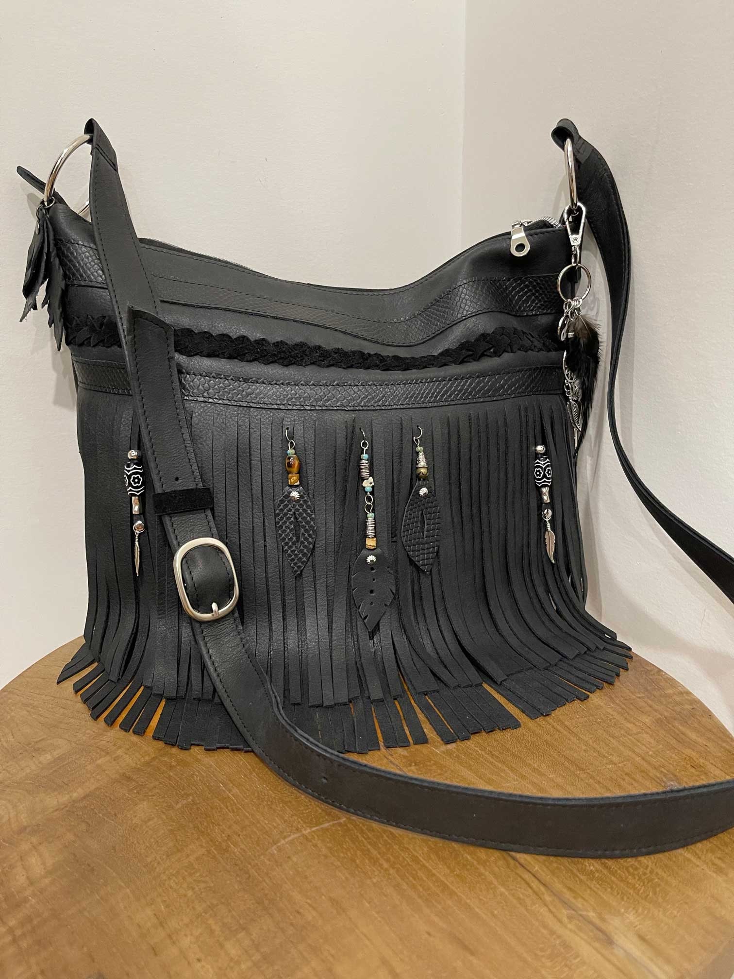 Black Deux Lux Faux Leather Fringe Purse handbag lots of fringes fringed  FUN!!