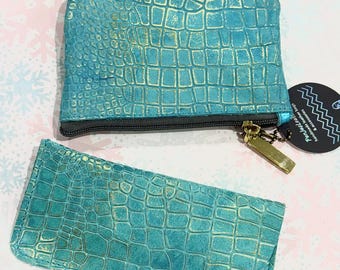 Aqua croco leather coin purse or glasses pouch, embossed gold edged turquoise leather wallet