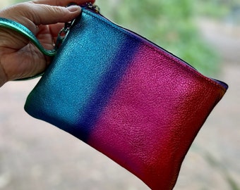 Metallic Rainbow Colours leather Wristlet, softest metallic leather, Ladies gift idea, Leather metallic purse, pocket, detachable strap