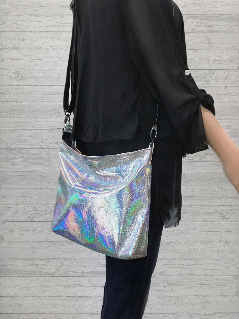 Holographic Silver Crossbody Bag Lining Options Zipper Etsy
