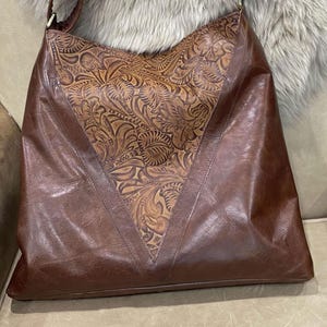 Brown Tooled Leather hobo bag, Embossed Flower Leaf, Adjustable Strap, Key Clasp, Zipper Pocket, Handmade Australia image 2