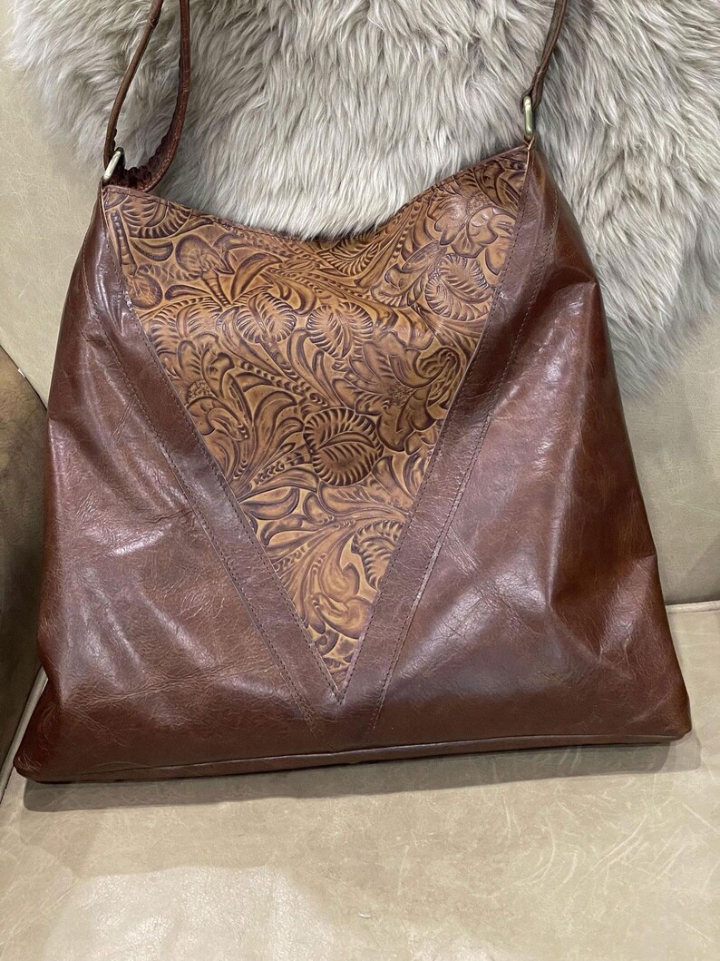 Brown Tooled Leather hobo bag, Embossed Flower Leaf, Adjustable Strap, Key Clasp, Zipper Pocket, Handmade Australia image 2