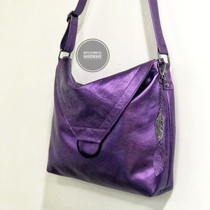 Metallic Purple leather Shoulder bag, or Crossbody, Adjustable Strap, zipper pocket, Lined with pockets, lining options, key hook clasp image 7