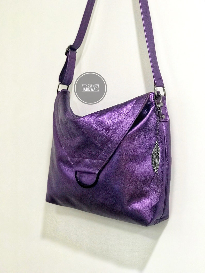 Metallic Purple leather Shoulder bag, or Crossbody, Adjustable Strap, zipper pocket, Lined with pockets, lining options, key hook clasp image 7