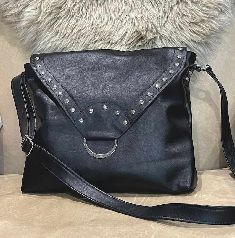 Handmade Black Leather Crossbody Bag, Studded Flap, Adjustable Strap, antique brass or silver bild 1