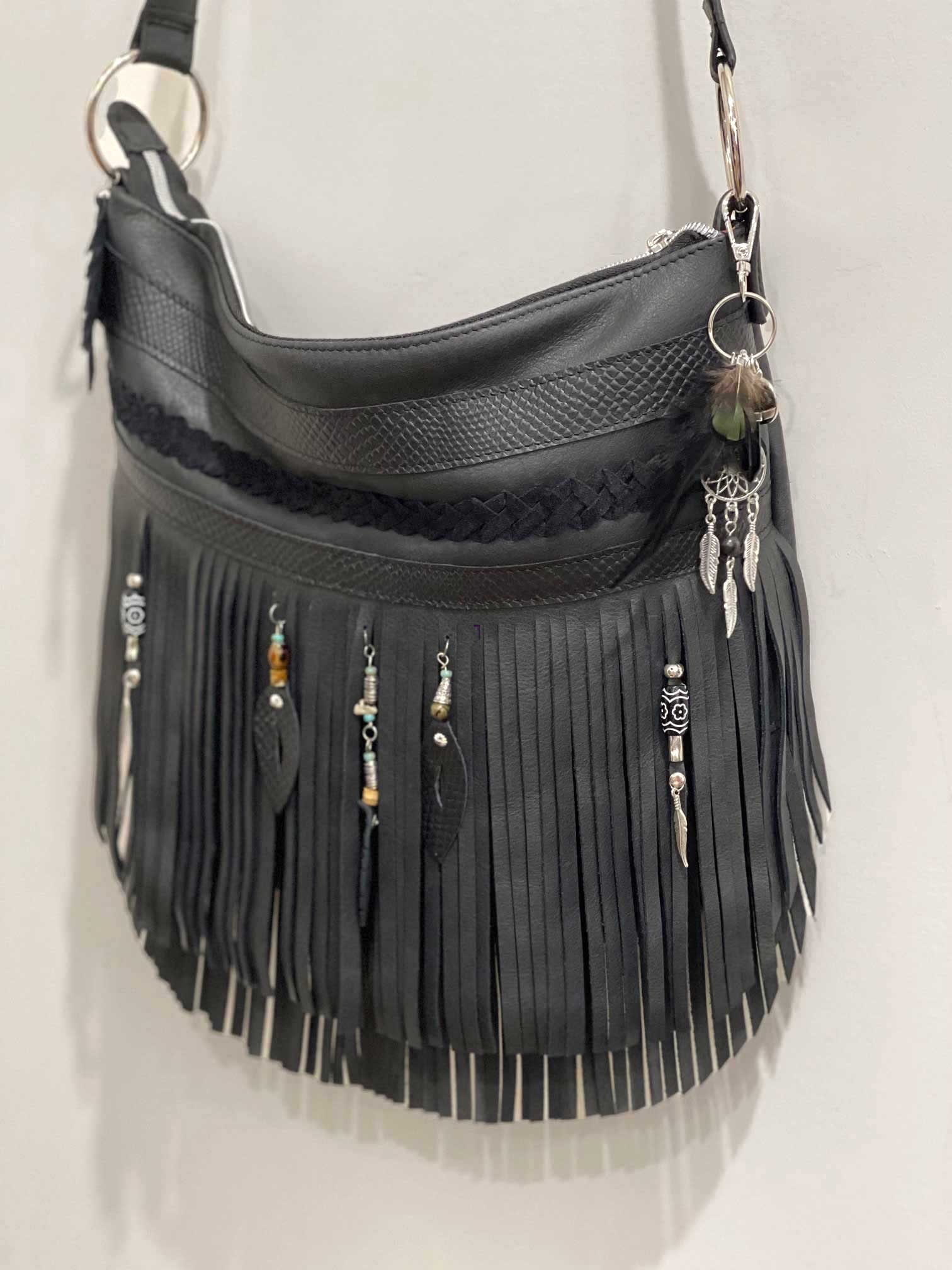 Black fringe hobo bag deals
