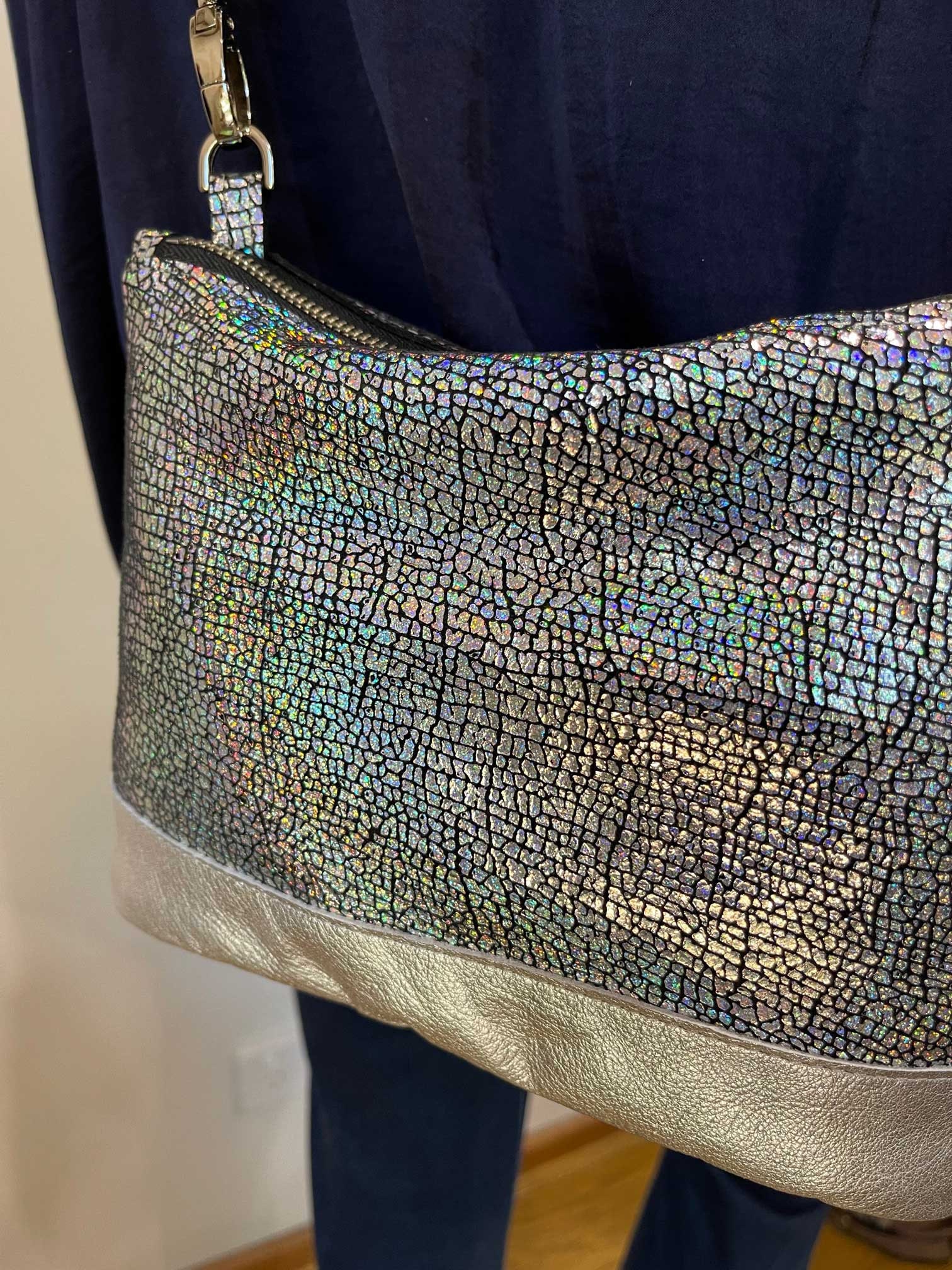 Holographic Iridescent Crossbody Bag, Small Lined Purse, Pocket, Soft Silver Purse, Zipper Closure, Soft Leather, Removable Adjustable Strap