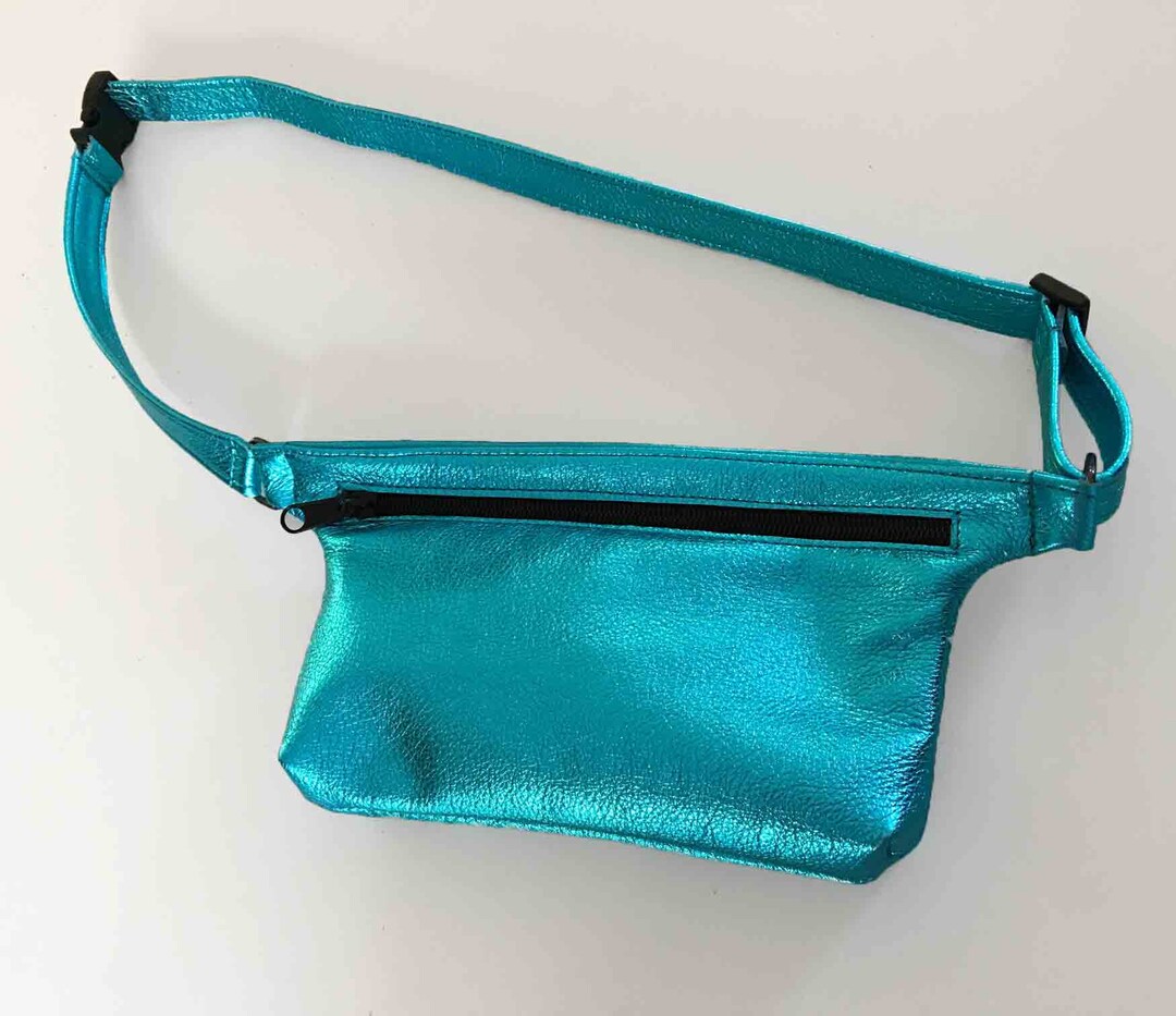 Leather Waist Bag, Metallic Turquoise Leather Fanny Pack, Soft 