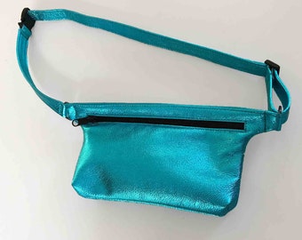 Leather waist bag, metallic turquoise Leather fanny pack, Soft pebble leather, clip clasp, adjustable belt, size options, suede interior