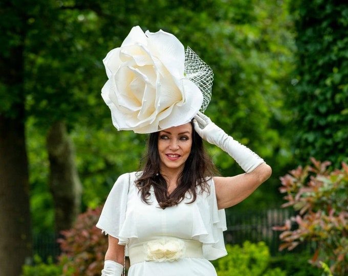 Featured listing image: Lizzy - Giant oversized 50cm ivory rose fascinator with ivory merry widow netted bow on wide Alice band