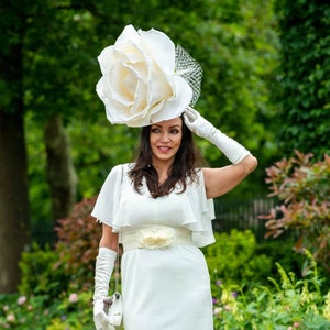 Lizzy - Giant oversized 50cm ivory rose fascinator with ivory merry widow netted bow