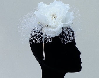 White Bridal silk Peonie fascinator By Hats2go