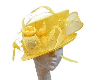 Cirrus - Maize Yellow feature hat with feather & Silk flower detail