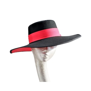 Valentina Black & Red Spanish style wide brim wool Fedora Hat image 3