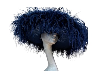 Emma - Extra large Hat with Ostrich feather boa in Navy