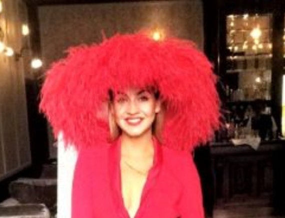 Essence Hat Large Red with Feathers & Sequins Mesh Over Felted Wool FABULOUS! Rose & Feather Top Hat: Handmade Wool Burning Man Costume - Etsy main image 2