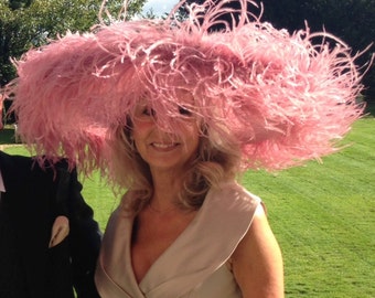 Emma - Extra large Hat with Ostrich feather boa in dusky pink By Hats2go Made to Order