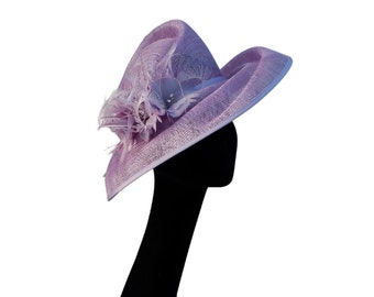 Heather - Stunning detailed feature hat in Lilac with a small feather detail with diamantes