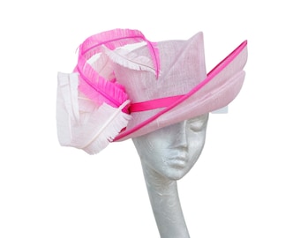 Shelby  -3 Tone Orchid Pink Hat with Cerise pink , Clover pink Feathers trimmed in fuchsia