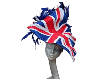 Union Flag - Red, White & Blue Silk and Feather Hatinator Royal Ascot Jubilee showpiece 2022