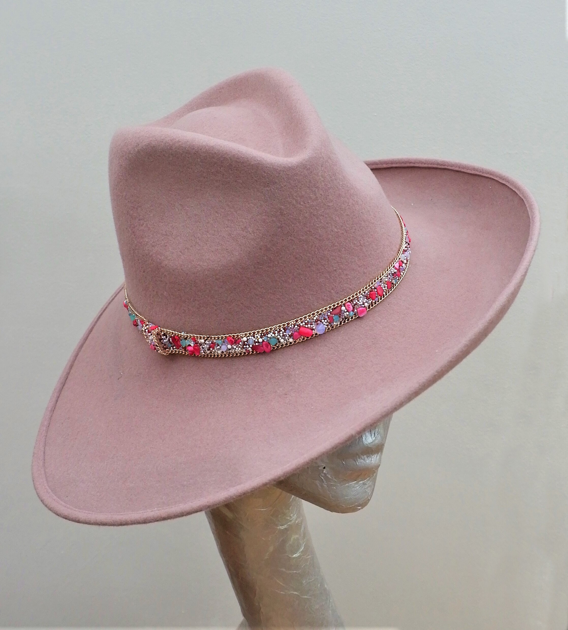 Blush Felt Trilby Hat with Gemstone Trim