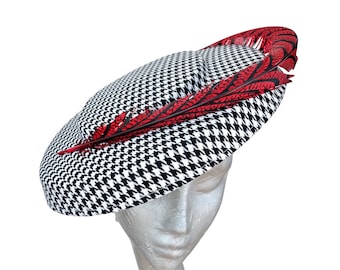 Albie - Hounds tooth Black & White hatinator with Red/Black Lady Amehurst Pheasant feather trim