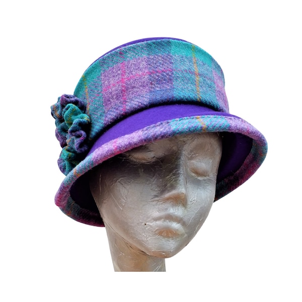 Bonnie - Purple Felt Bucket Hat with Harris Tweed Trim