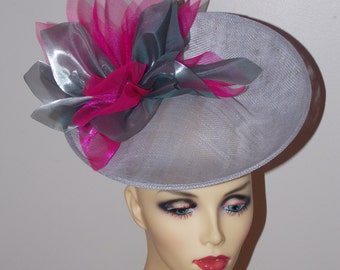 Silver Grey uptured saucer with Cerise & Silver organza flower  by Hats2go