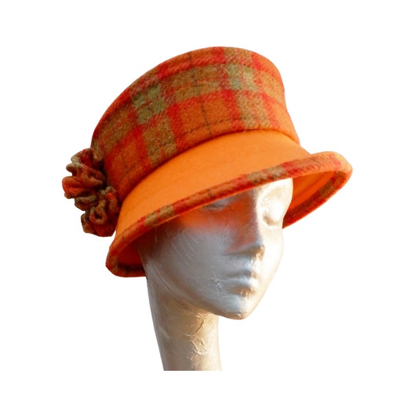 Bonnie - Orange Felt Bucket Hat with Harris Tweed Trim