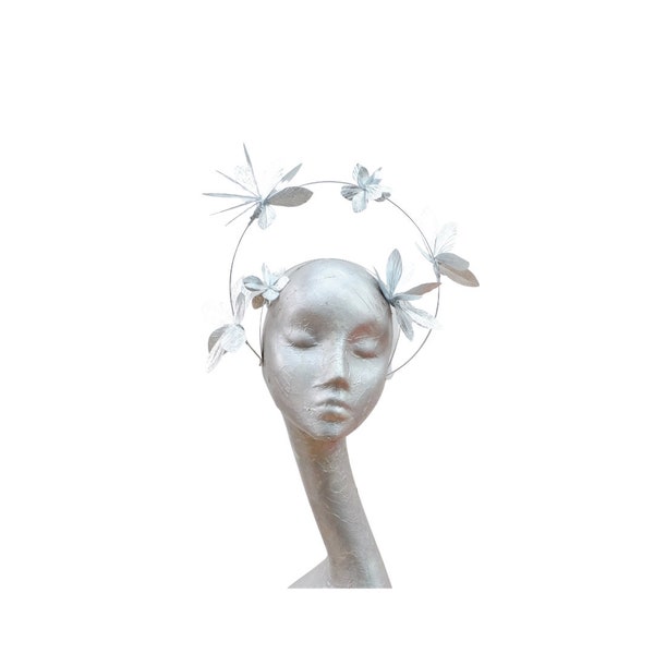 Argentum- Silver metallic Faux Leather & wire Halo Fascinator