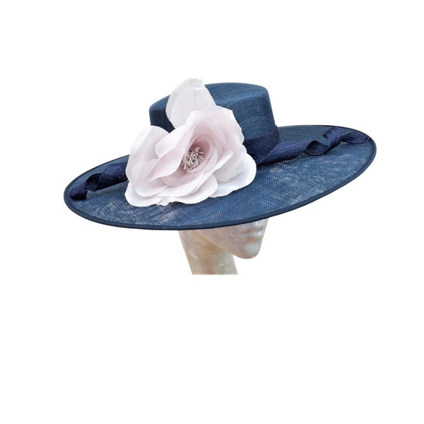 Henley - Navy Blue Sinamay Boater with Blush Flower