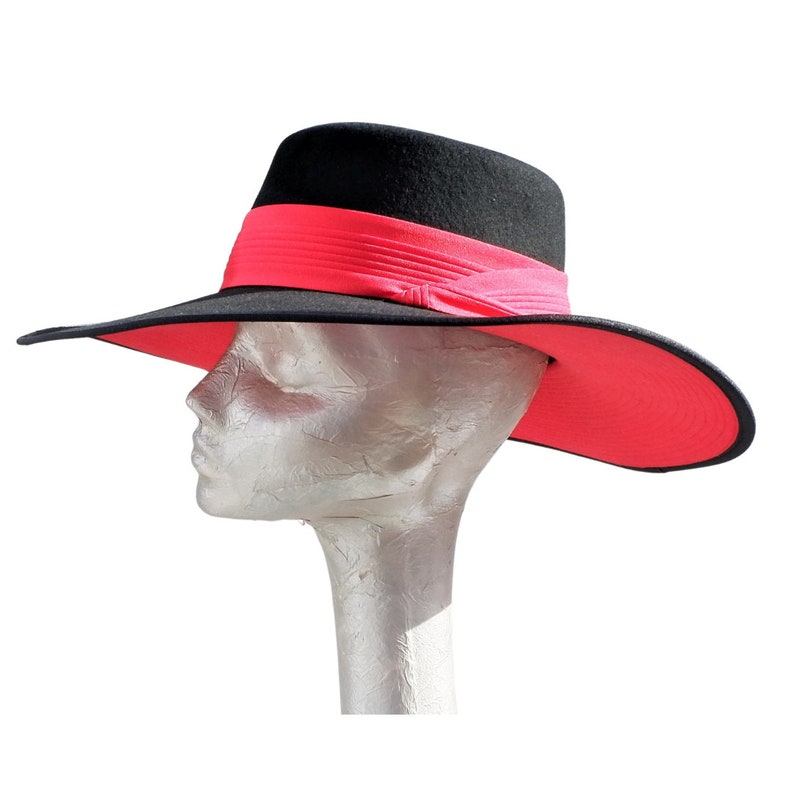 Valentina Black & Red Spanish style wide brim wool Fedora Hat image 2