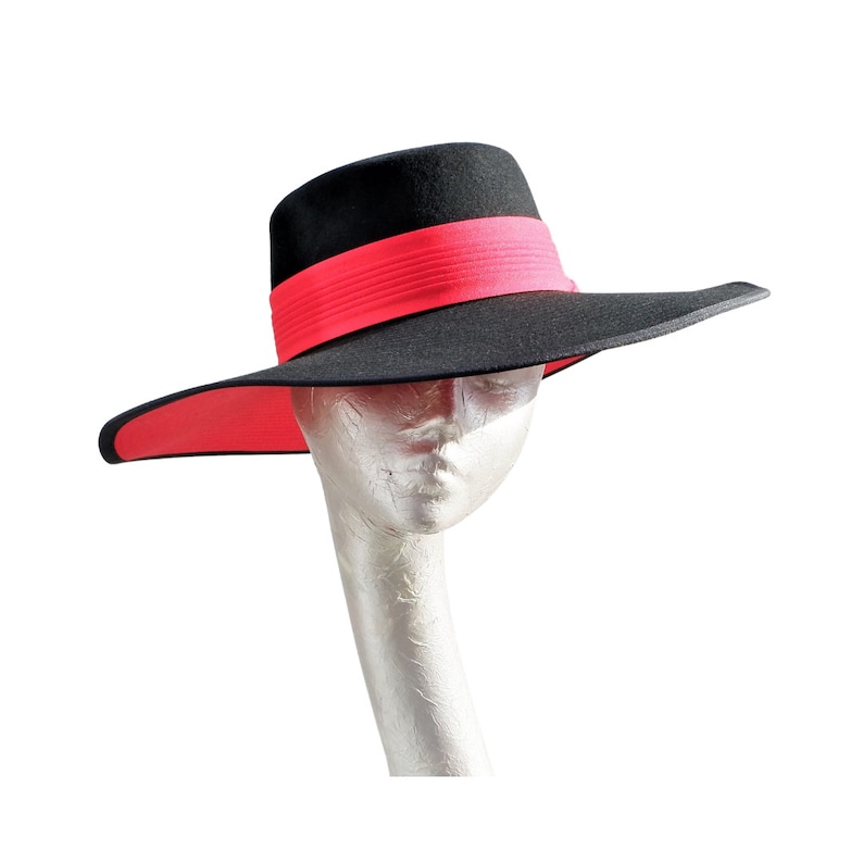 Valentina Black & Red Spanish style wide brim wool Fedora Hat image 1