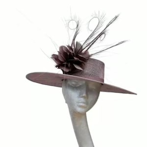 May include: A wide-brimmed hat with a mauve-colored crown and brim. The hat is decorated with a large, mauve-colored flower and black feathers.