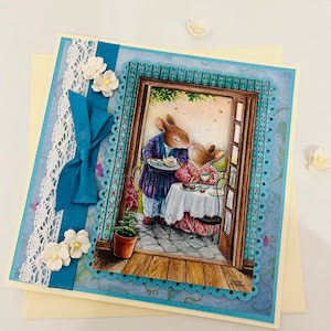 Biglietto di anniversario fatto a mano con simpatici conigli con opere d'arte dell'artista Susan Wheeler della gamma Holly Pond Hill.