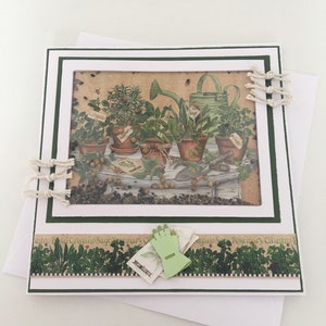 Shaker original, jardinage, carte d'anniversaire avec de vraies graines à l'intérieur. Comprend également des pots de fleurs, des plantes et des herbes aromatiques. Oeuvre de l'artiste Jane Shasky.