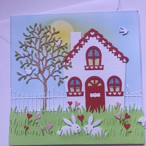 Scenic, designer, fatto a mano, romantica carta cottage con conigli amorevoli carino per l'impegno, anniversario, compleanno