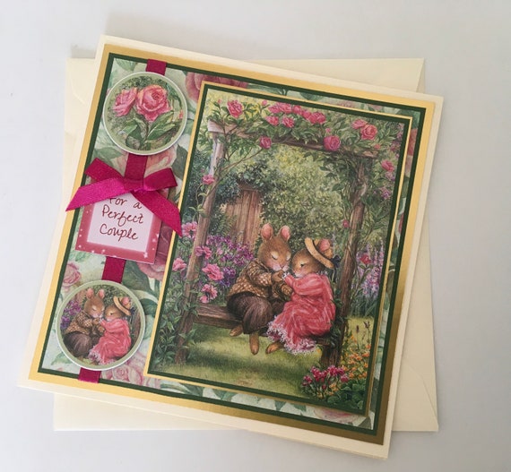 Cute rabbits handmade anniversary card with artwork by artist Susan