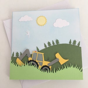 Tarjeta en blanco, tarjeta para cualquier ocasión con jcb, excavadora, tractor, retroexcavadora.