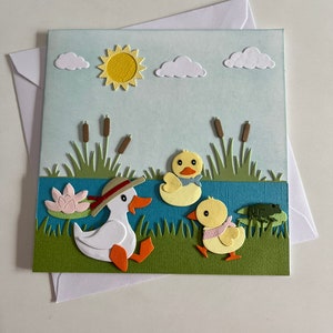 Really sweet, Duck and Ducklings ‘On the Riverbank’ diorama spring scene Card. (Can be personalised)