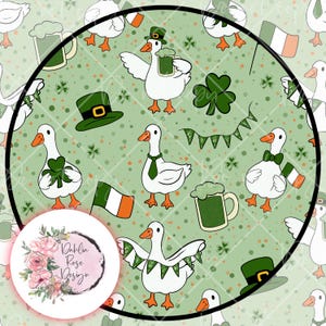 May include: A repeating pattern featuring white geese with orange beaks and feet, dressed in St. Patrick's Day attire. The design includes green hats, bow ties, shamrocks, and Irish flags on a light green background with a diamond grid.