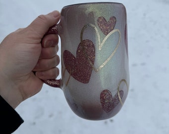 Valentine’s Day glitter mug, heart mug, glitter mug, coffee mug, tea mug, hot and cold drink mug, gifts for her