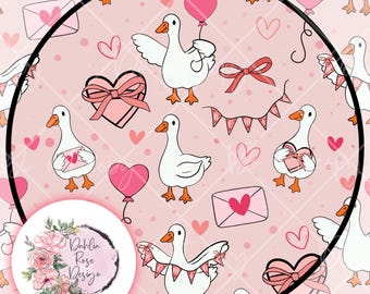 May include: A repeating pattern featuring white geese with orange beaks and feet, holding hearts, balloons, and banners. Pink hearts, bows, and envelopes with hearts are scattered on a light pink background. A circular logo with floral design and text is in the lower left.