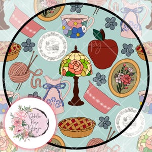 May include: A repeating pattern featuring a variety of vintage-style illustrations. The design includes a stained glass lamp, teacups, plates, apples, pitchers, and floral accents in shades of pink, blue, and brown. The text "Dahlia Rose Design" is also present.